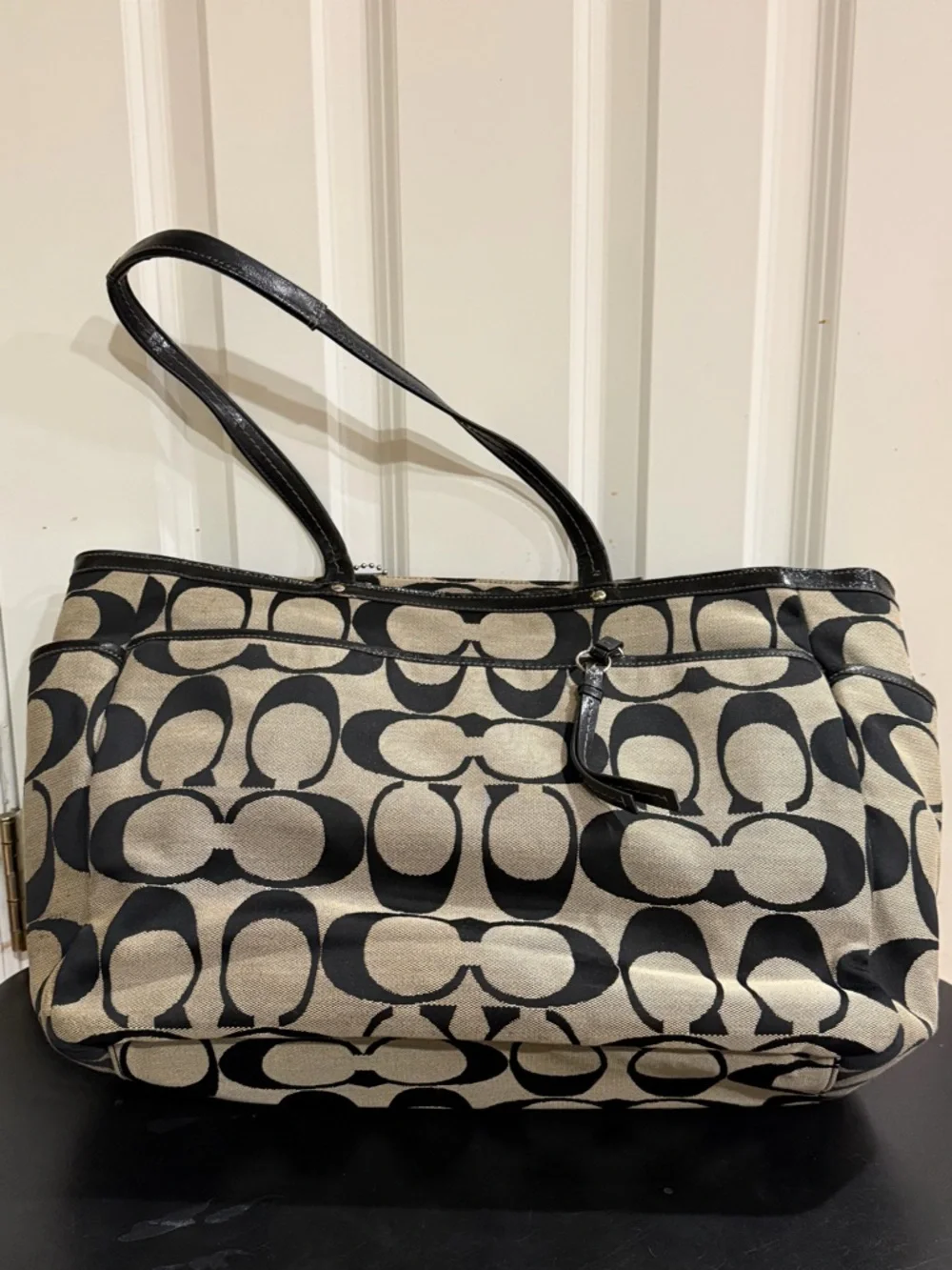 Coach Tan and Black Signature Canvas Tote/ multifunction bag